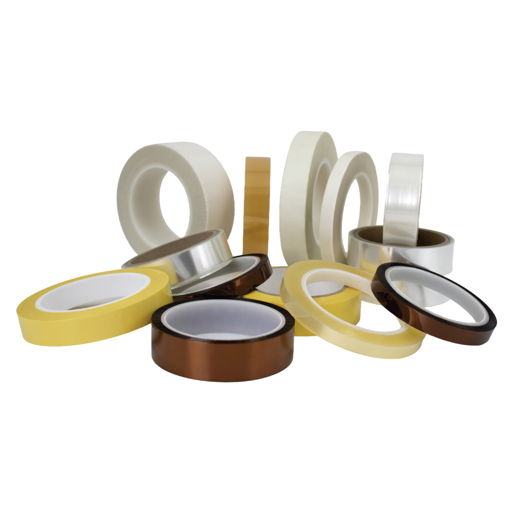 Assorted high temperature electrical insulation tapes including yellow fibreglass tape, amber Kapton® polyimide tape, clear Mylar® adhesive tape, and yellow polyester tape – used in motor rewinding, transformer assembly, and electronics insulation.