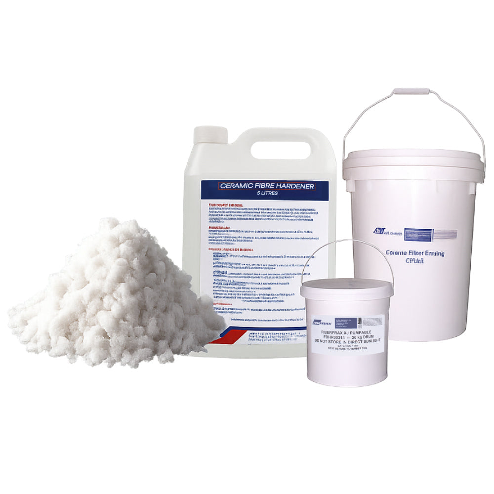 Specialty ceramic fibre insulation products including bulk fibre, liquid hardener, coatings, and pumpables for high temperature maintenance and refractory applications