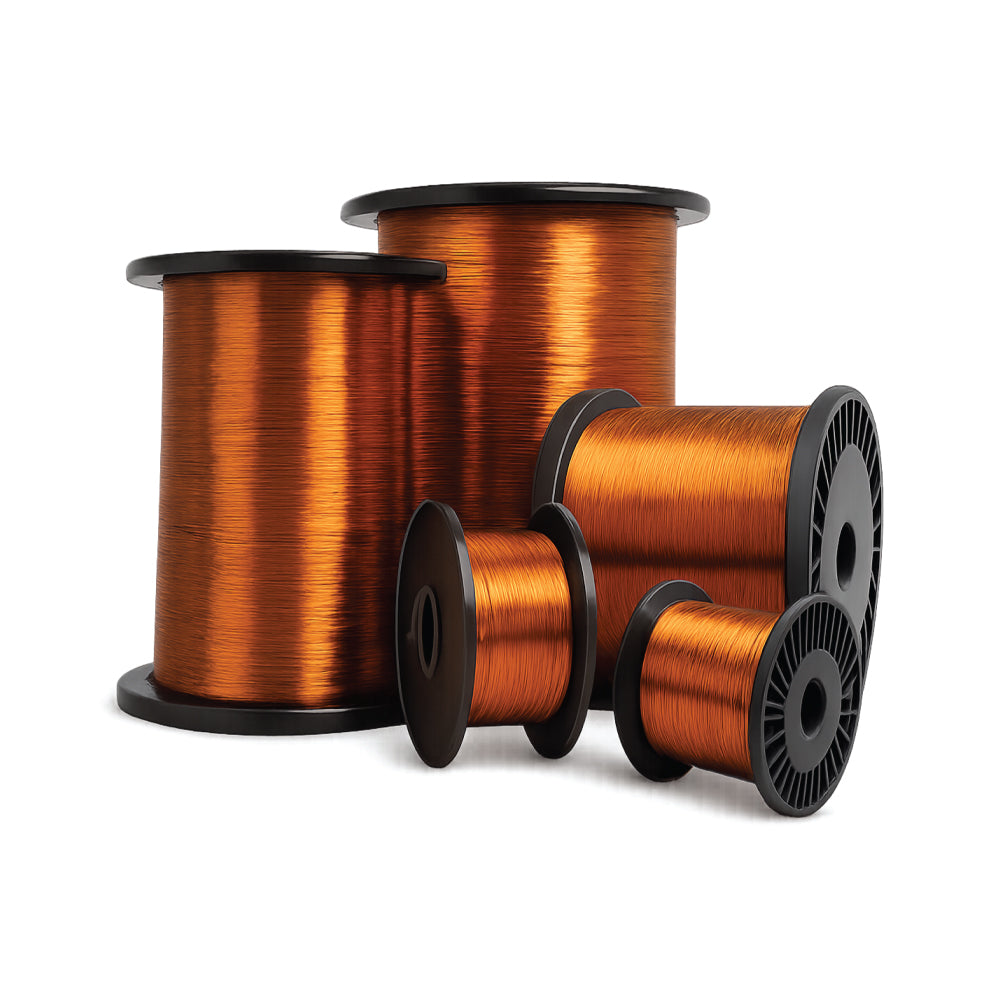 Multiple spools of enamelled copper wire in various sizes, used for motor winding, transformers, and electrical insulation applications requiring excellent conductivity, thermal resistance, and durable insulation coatings.