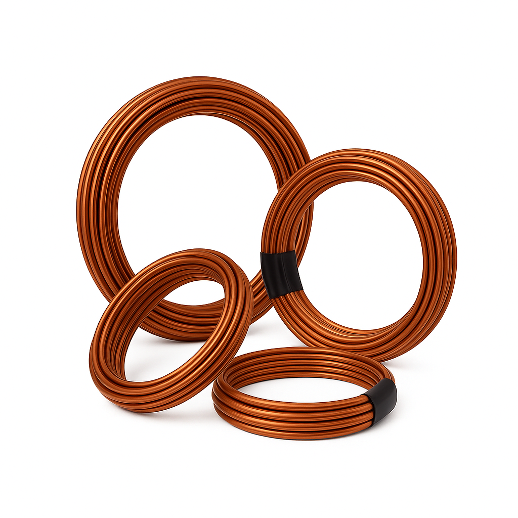 Enamelled copper wire shanks in multiple diameters, neatly coiled with black tape binding, high-conductivity electrical winding wire on white background.