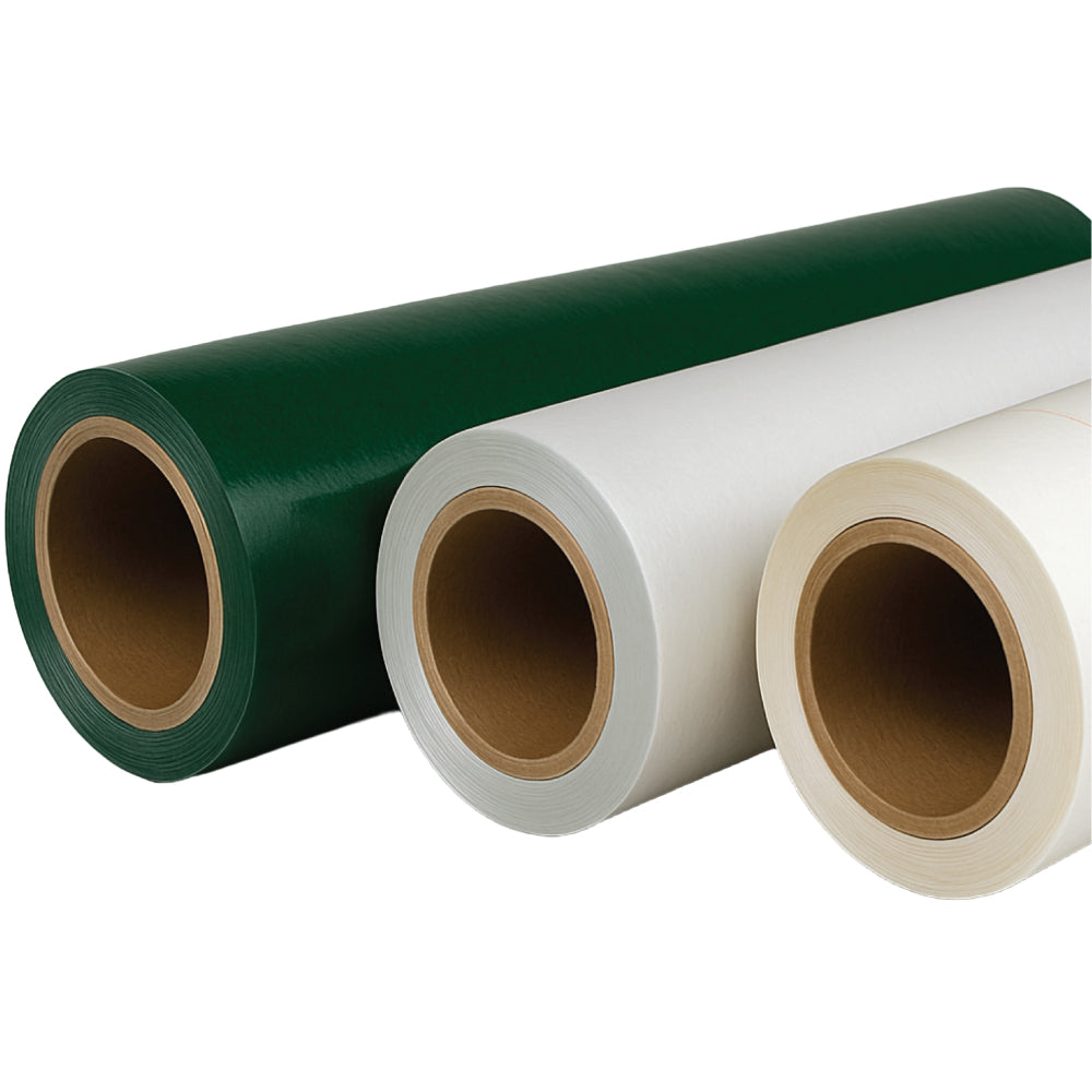 Three rolls of flexible insulation laminate in green, white, and cream colours displayed on a neutral background beside a banner promoting flexible electrical insulation materials.