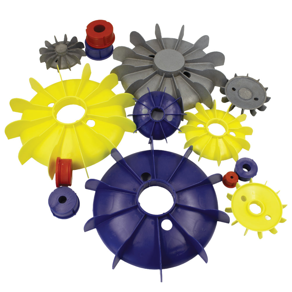 Assorted motor fan blades and hubs in plastic and aluminium, including yellow, blue, red, and grey designs, displayed on a white background — suitable for HVAC, electric motor cooling, and industrial machinery ventilation systems.