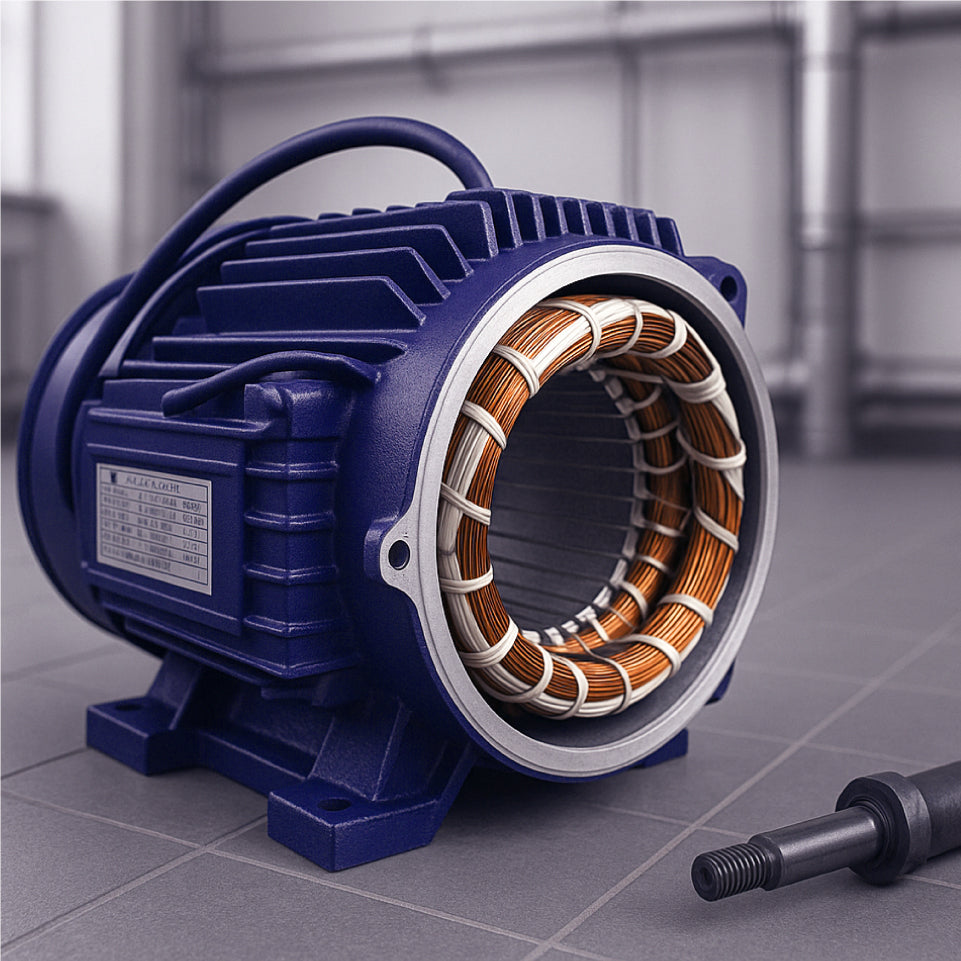 Close-up of an electric motor with visible stator windings on a workshop table, symbolising motor rewinding and industrial electrical insulation applications.