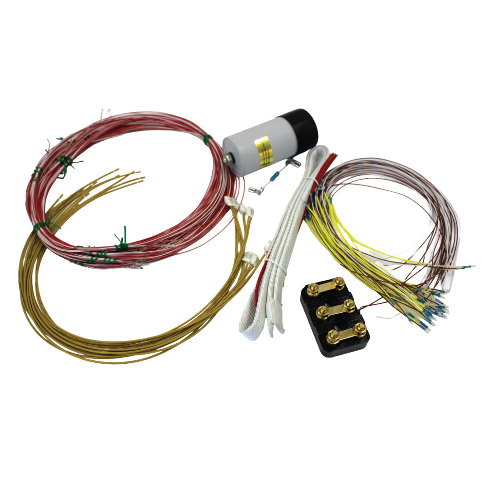 Assorted motor accessories including RTD sensors, thermistors, terminal blocks, and anti-condensation heater tapes arranged on a white background.