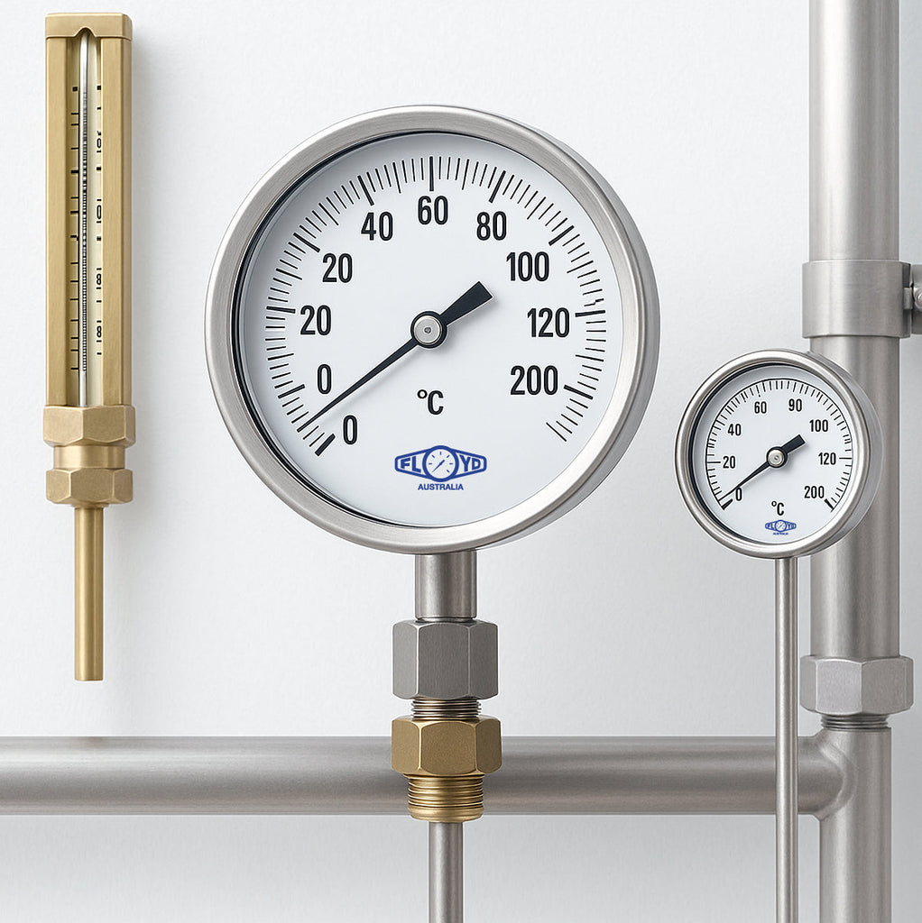 Range of industrial thermometers including machine glass thermometers, bimetal thermometers, remote reading thermometers, and digital thermometers for industrial temperature monitoring