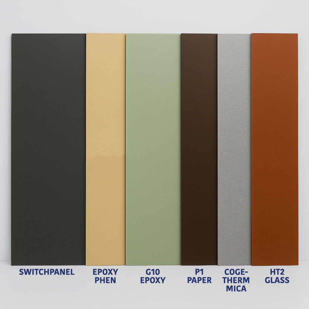 Rigid insulation laminate samples in various colours and materials, including switchpanel, epoxy, and HTZ glass, displayed vertically for industrial use.