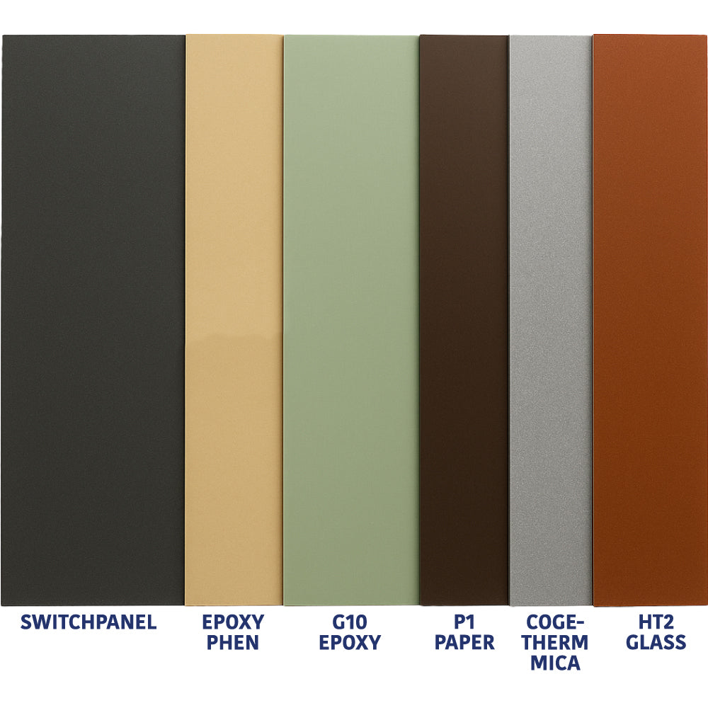 Rigid insulation laminate samples in various colours and materials, including switchpanel, epoxy, and HTZ glass, displayed vertically for industrial use.