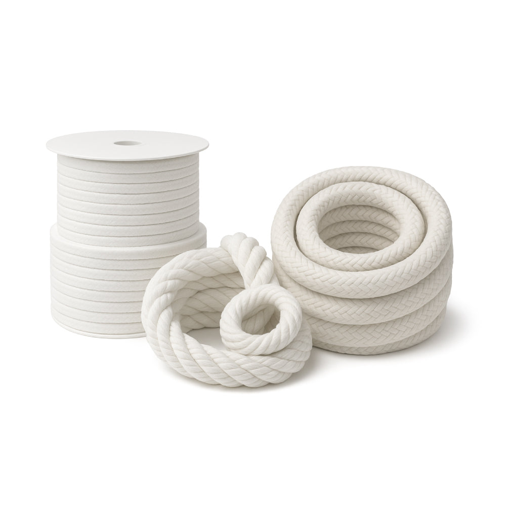 High temperature ropes and braids including twisted, braided, and spool-packed options for sealing, gasketing, and heat insulation