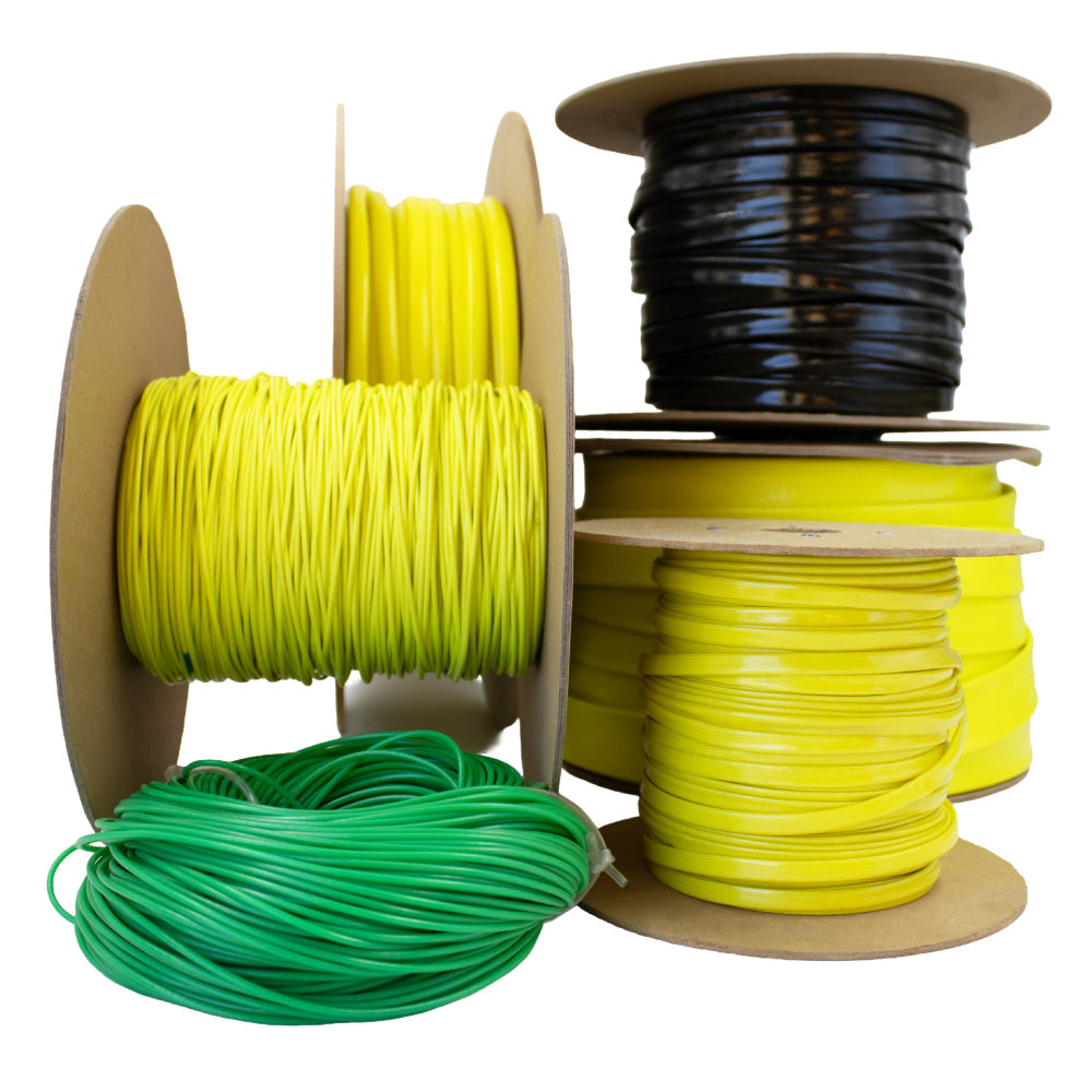 Spools of high-temperature sleeving and tying cords in yellow, green, and black, representing electrical insulation and bundling solutions.