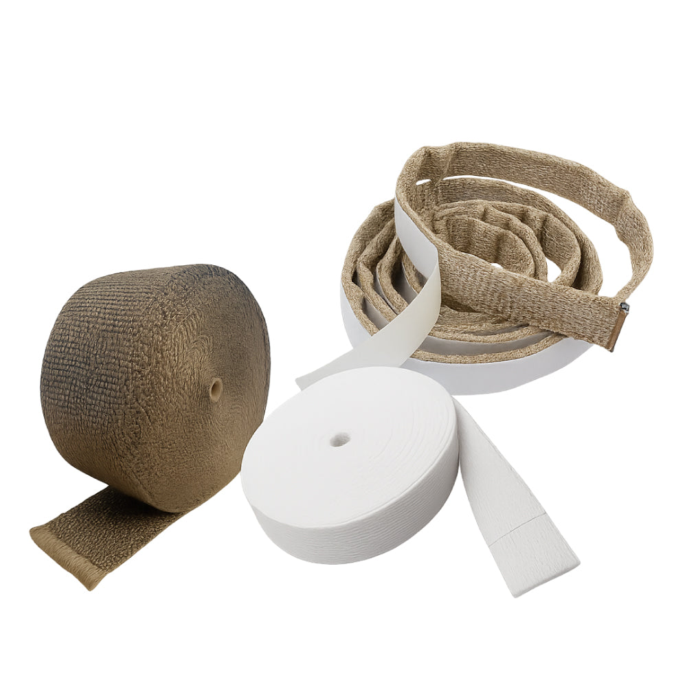 High temperature insulation tapes including basalt tape, ceramic fibre tape, and fibreglass laminated tape for thermal wrapping and heat protection