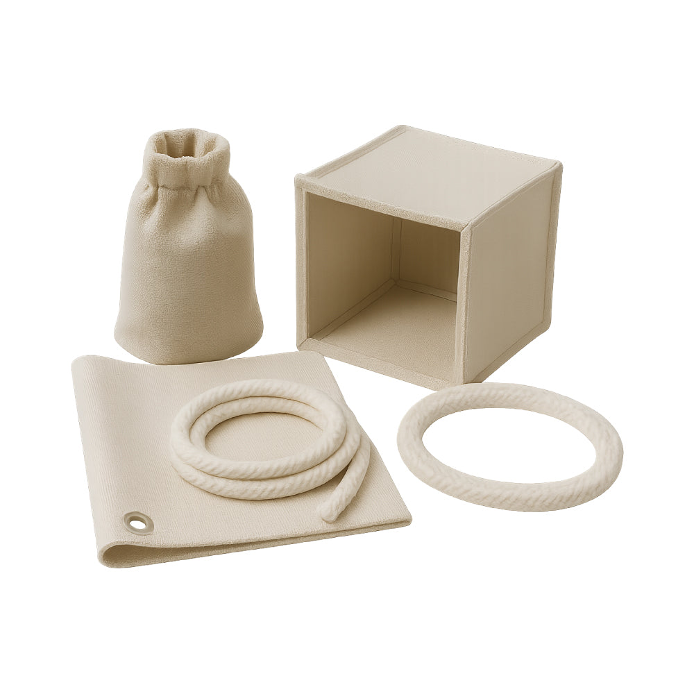 Custom high-temperature insulation products including fabric covers, rope seals, thermal pads, and stitched enclosures made from fibreglass and silica fabrics