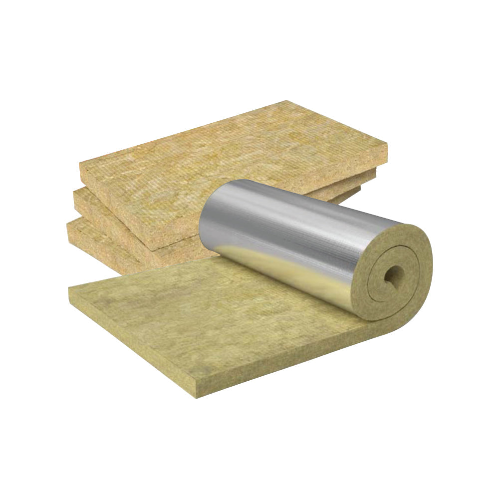 Glasswool and Rockwool insulation products shown as stacked rigid batts and a flexible foil-faced roll, designed for high-temperature applications like boilers, ovens, and pipe insulation.