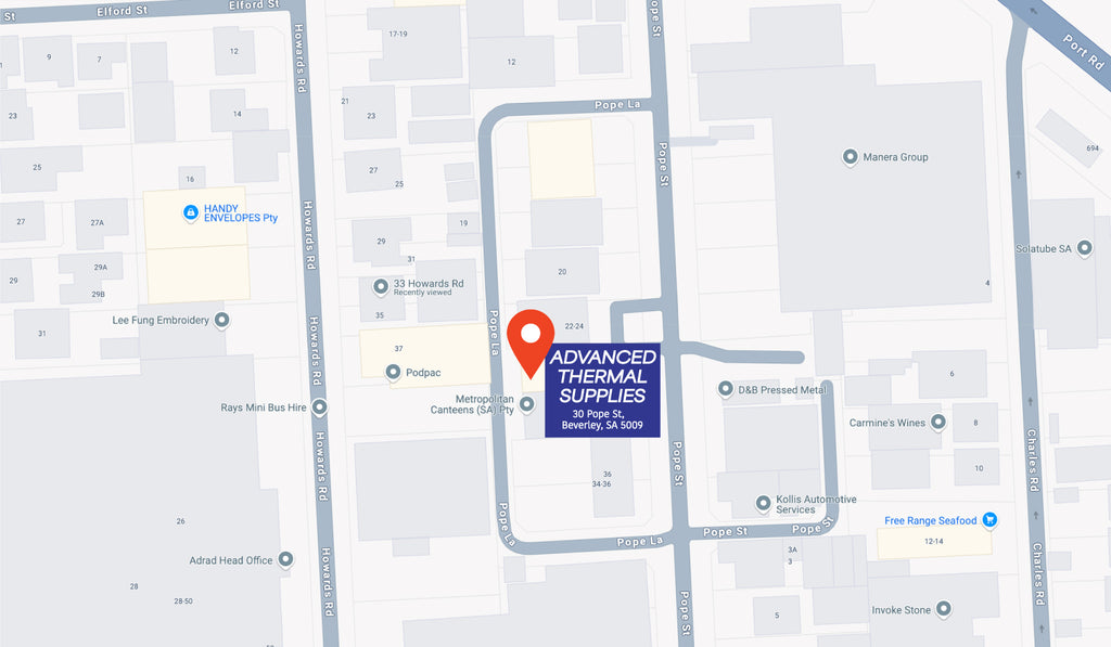 Advanced Thermal Supplies – capacitor supplier in Adelaide, located at 30 Pope Street, Beverley SA. Map showing nearby streets and local landmarks.