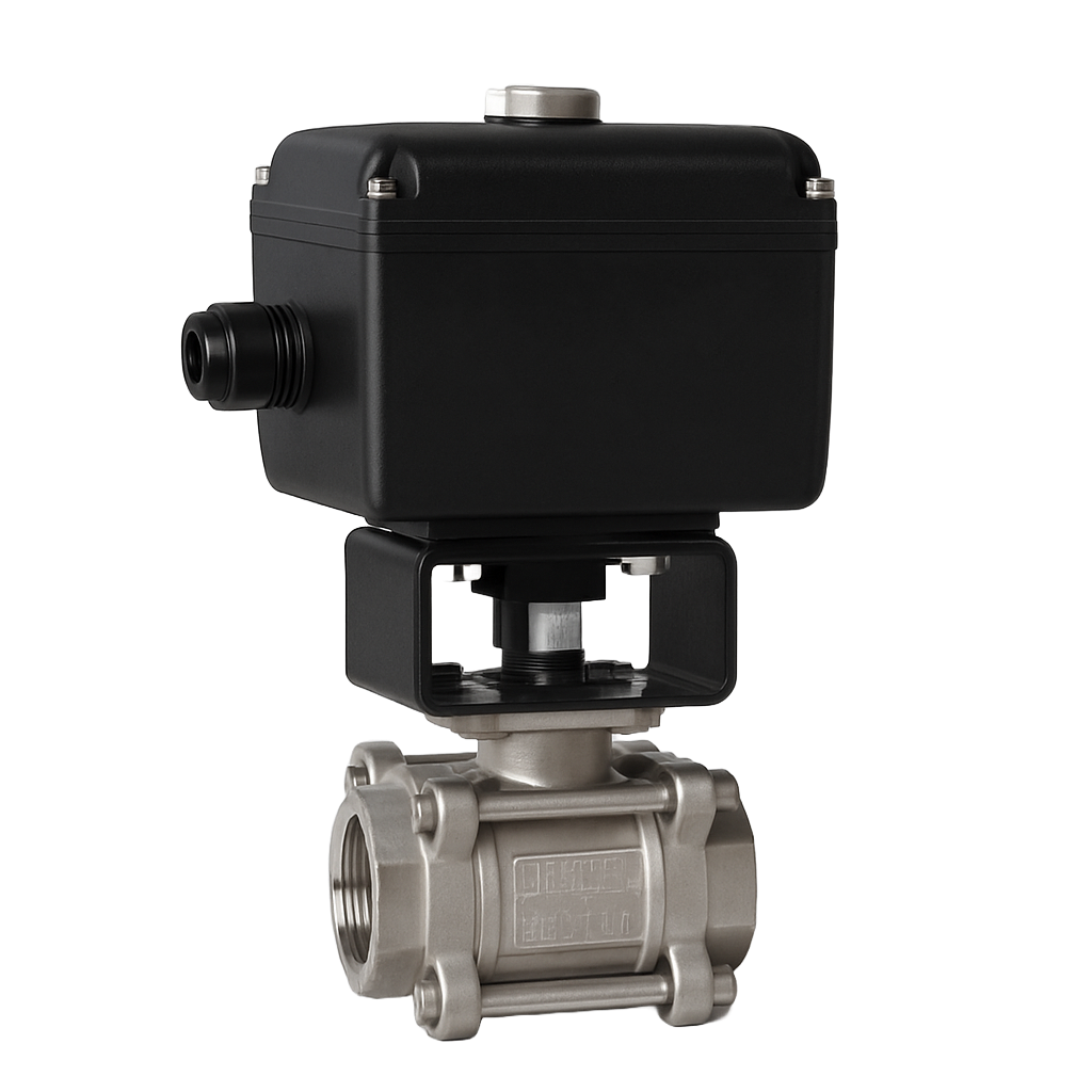 Electric valve actuator with stainless steel ball valve – compact motorised unit for automated flow control in industrial piping systems