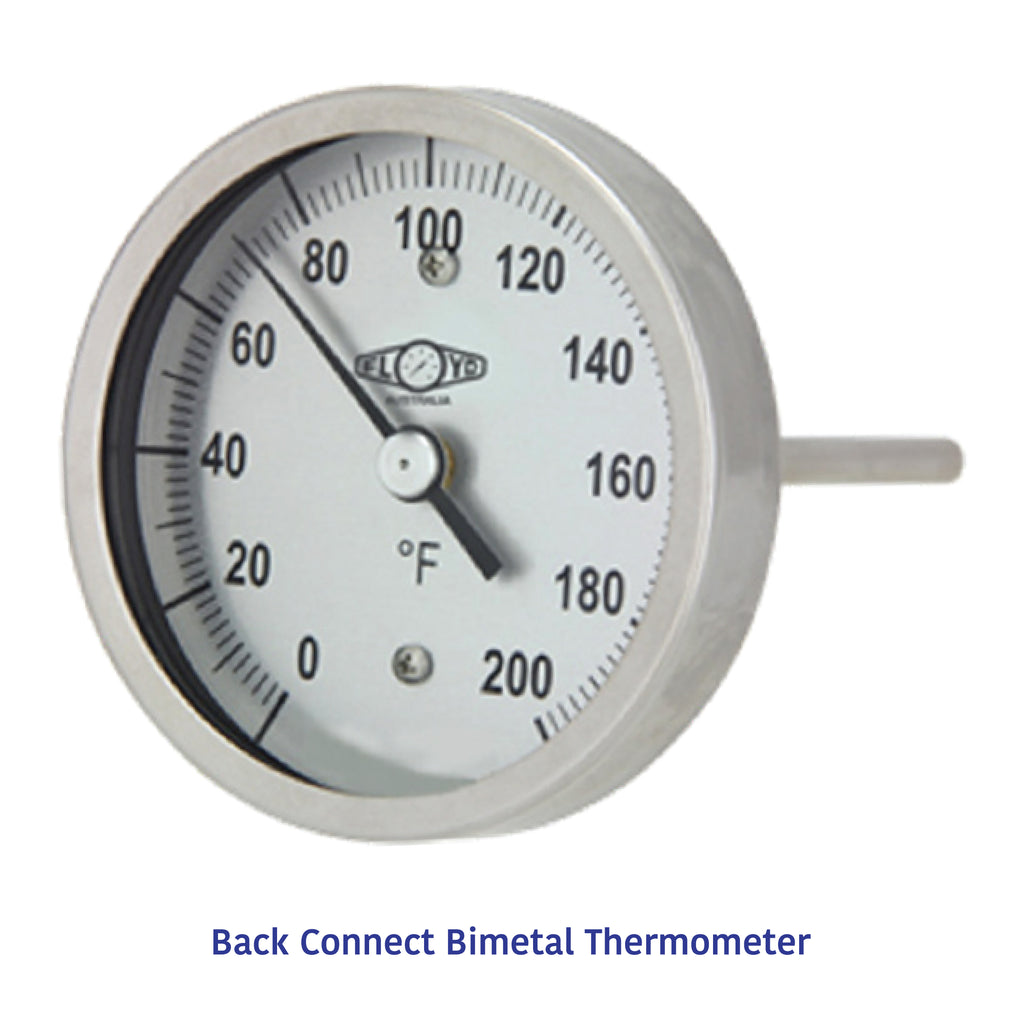 Back connect bimetal thermometer with stainless steel case and dial face for industrial temperature monitoring in °F