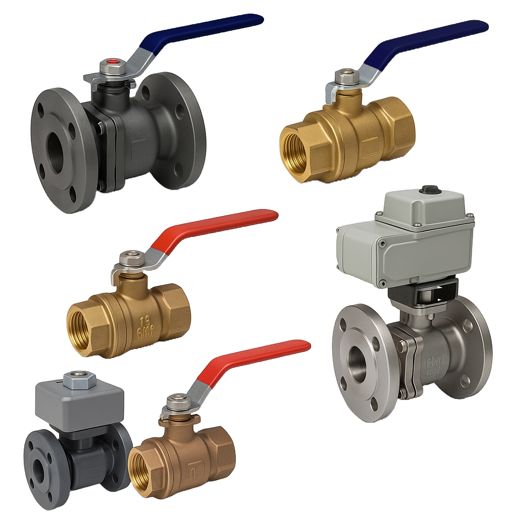 Assorted industrial ball valves in brass, bronze, cast steel, and PVC with flanged and screwed ends; includes lever-operated and actuated models for water, oil, gas, and chemical flow control applications.