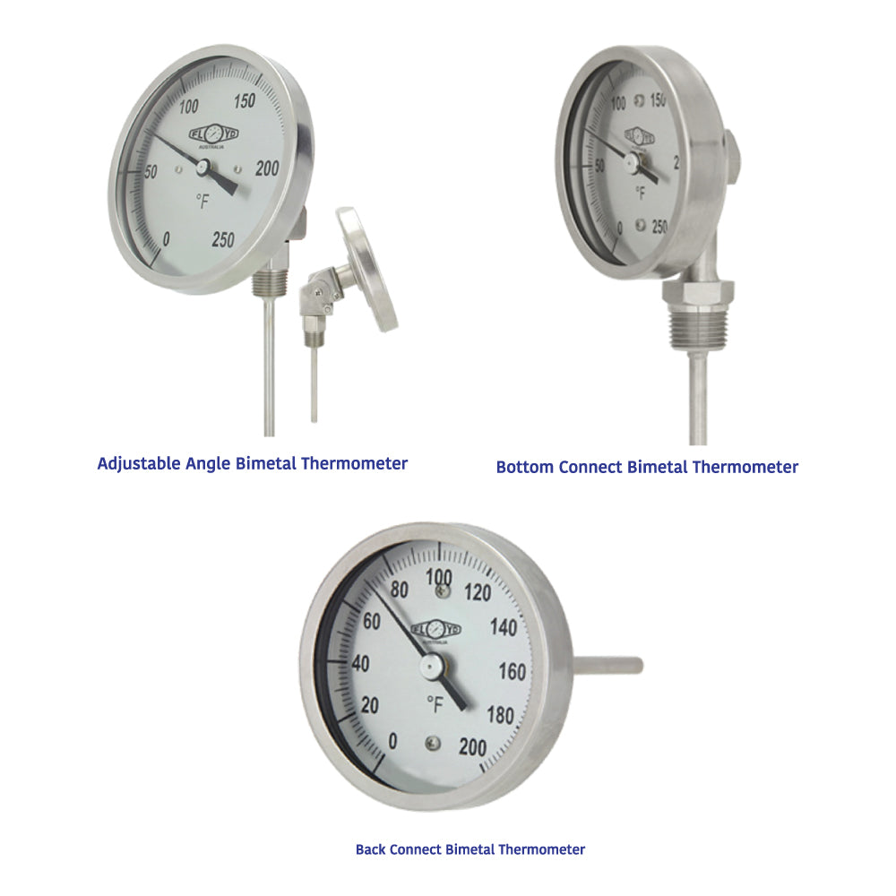 Three types of bimetal thermometers displayed: adjustable angle, bottom connect, and back connect models with stainless steel casing and Fahrenheit dials, suitable for industrial temperature measurement