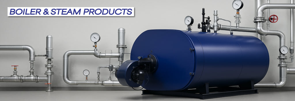 Industrial boiler system surrounded by pressure gauges, steam valves, and stainless-steel piping – representing ATS's range of boiler spares, steam valves, pressure gauges, thermowells, and level indicators for steam and boiler applications