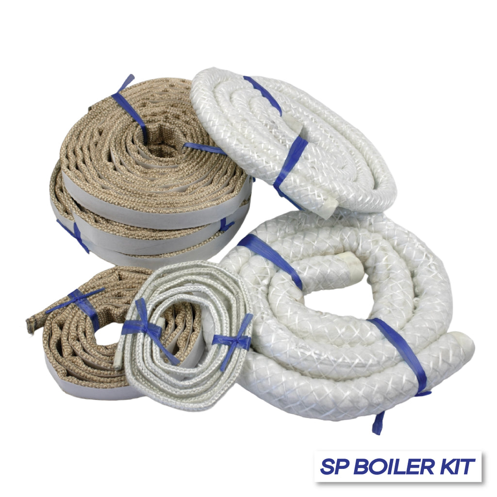 SP boiler close-up kit with high-temperature fibreglass rope, tape and braid for sealing boilers, valves and pipework in industrial applications