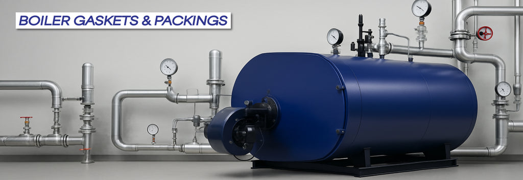 Industrial boiler system with connected pipes and pressure gauges – Boiler gaskets and high-temperature packing solutions.