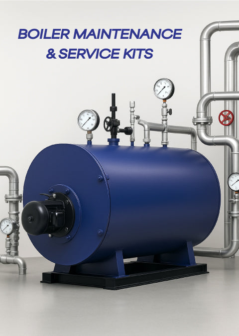 Industrial boiler system surrounded by pressure gauges, steam valves, and stainless-steel piping – representing ATS's range of boiler maintenance and service kits