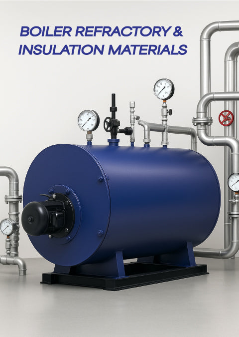 Industrial boiler with gauges and pipework representing boiler refractory and thermal insulation materials for high-temperature systems