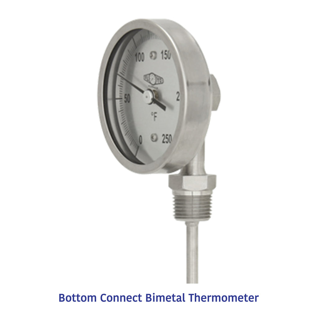 Bottom connect bimetal thermometer with stainless steel case and threaded stem for industrial temperature measurement in °F