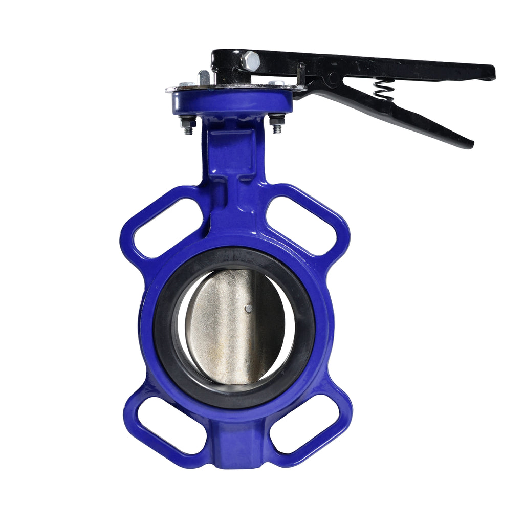 Blue lever-operated butterfly valve with wafer-style cast iron body and stainless steel disc for industrial flow control applications