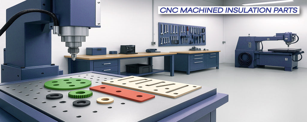 CNC machined rigid laminate thermal insulation parts and gaskets in industrial workshop setting - Advanced Thermal Supplies collection featuring precision-cut thermal discs, rubber washers, and thermal pads
