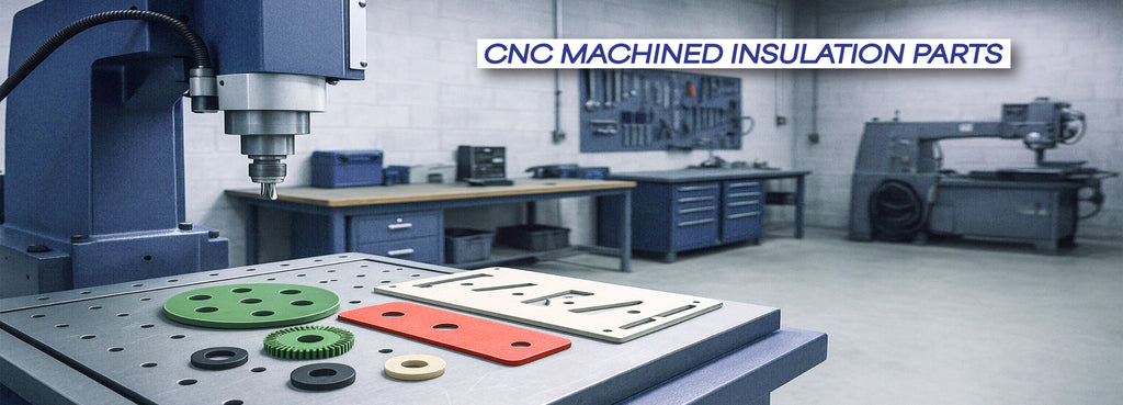 CNC machined rigid laminate thermal insulation parts and gaskets in industrial workshop setting - Advanced Thermal Supplies collection featuring precision-cut thermal discs, rubber washers, and thermal pads