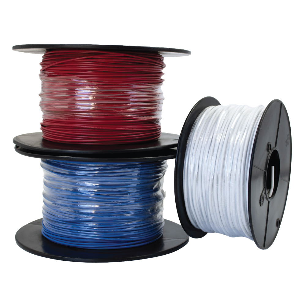 Three spools of electrical insulation cable in red, blue, and white, neatly coiled on black reels, suitable for high-performance industrial and commercial applications requiring heat, moisture, and signal control.