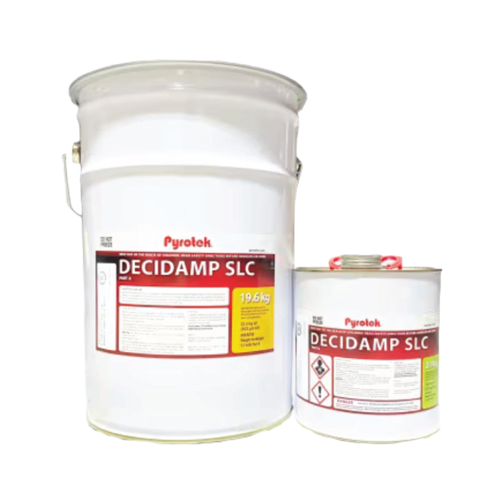 Decidamp SLC self-levelling polyurethane vibration damping compound – Part A 19.6 kg pail and Part B 3.9 kg tin for marine and offshore flooring noise control