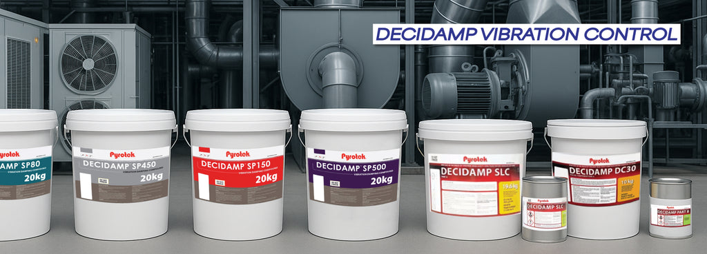 Range of Pyrotek Decidamp vibration damping compounds, including SP80, SP450, SP150, SP500, SLC, and DC30 in 20kg and smaller containers, displayed in front of industrial machinery with the text 'Decidamp Vibration Control'