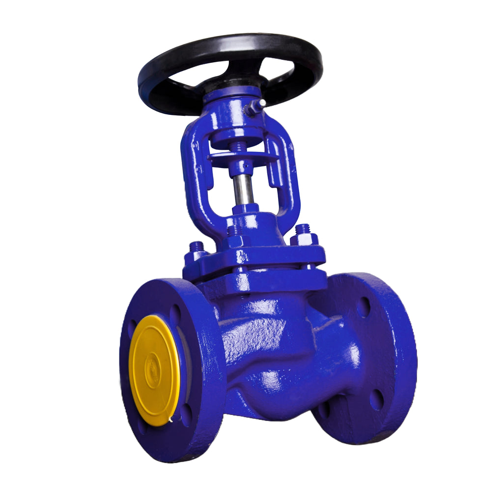 Blue diaphragm valve with handwheel, cast iron body, and yellow flanged ends, suitable for corrosive and hygienic fluid control systems