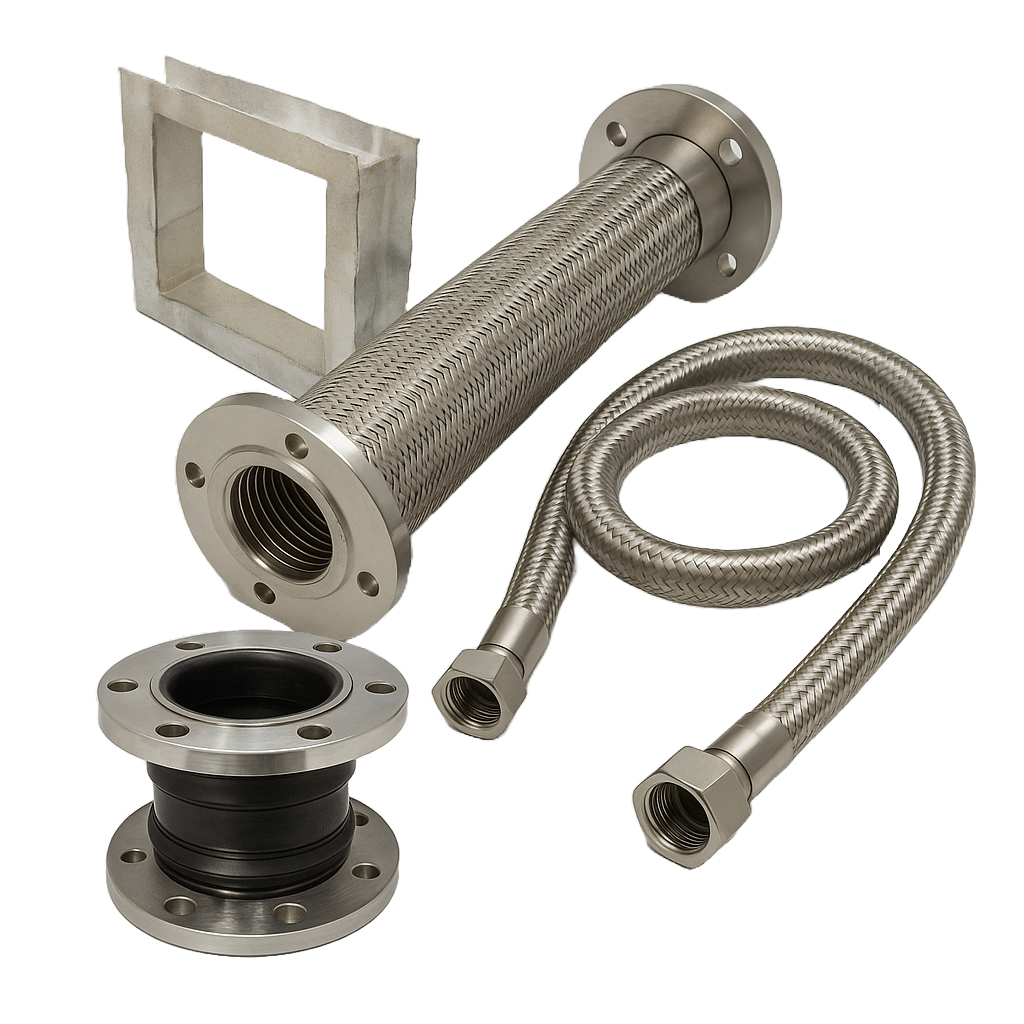 Group image of stainless steel braided expansion joint, flexible steam hose, rubber bellows joint, and rectangular fabric expansion joint on a light grey background, used in steam, boiler, and pipeline systems.