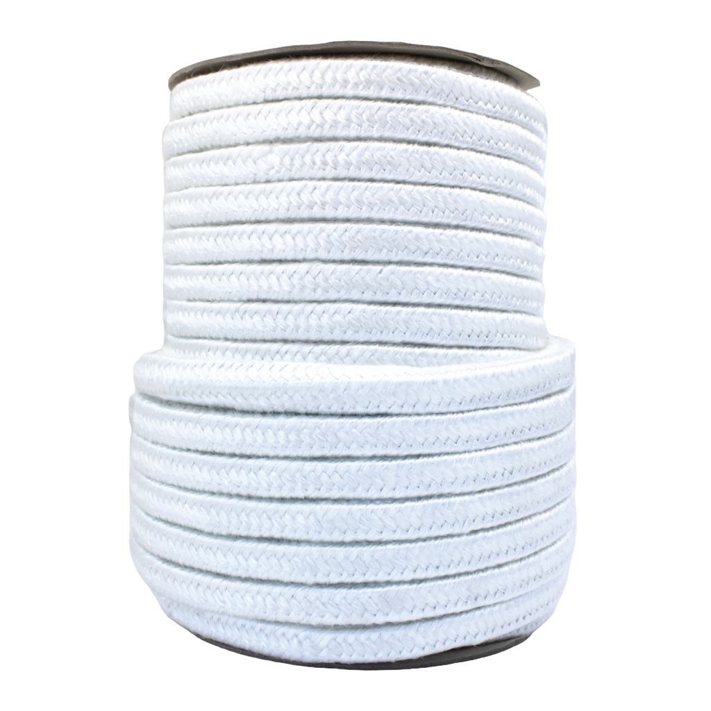 large roll of white braided fibreglass seal in square braid profile used for high temperature static sealing in boilers and furnaces