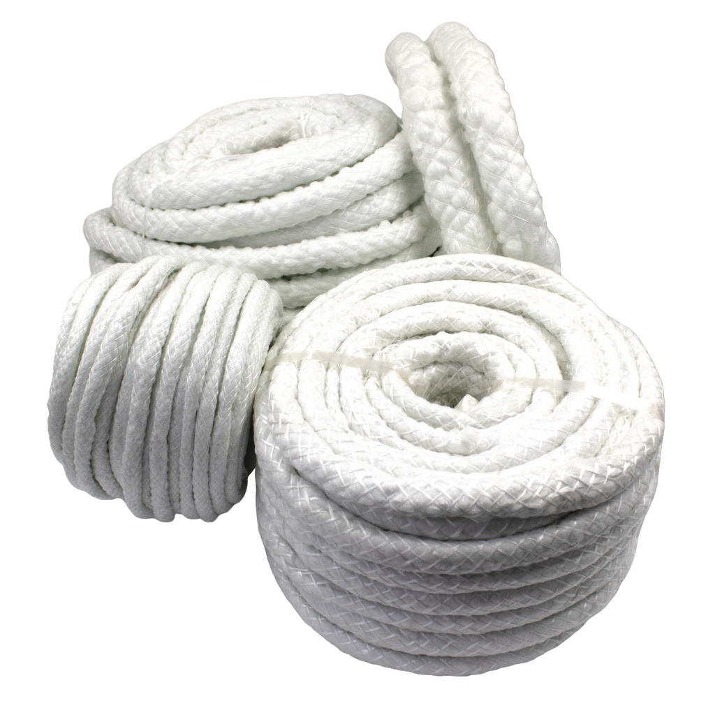 A group of white fibreglass ropes coiled in various diameters, designed for high-temperature applications such as pipe lagging and door seal caulking, rated to withstand up to 550°C.