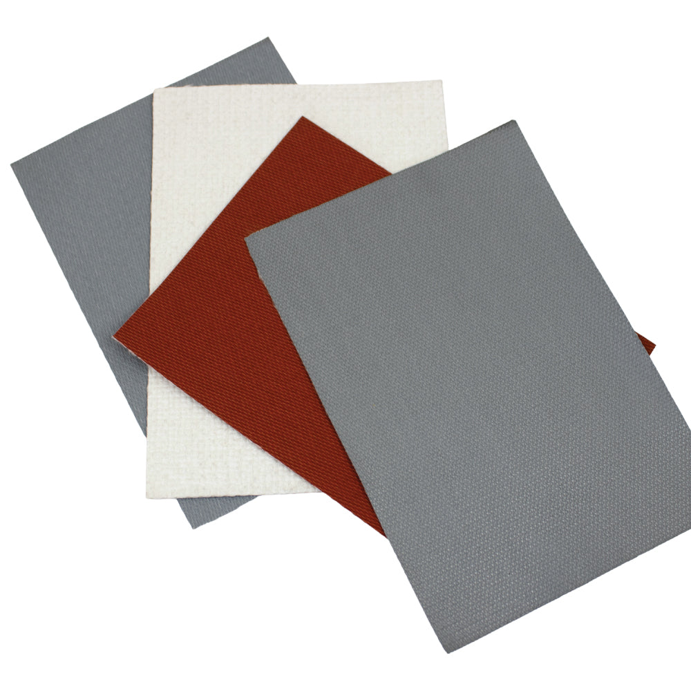 Four stacked rectangular samples of silicone-coated fibreglass cloth in grey, white, and red colours, arranged in an overlapping layout on a light background, demonstrating thermal and abrasion-resistant industrial fabrics.