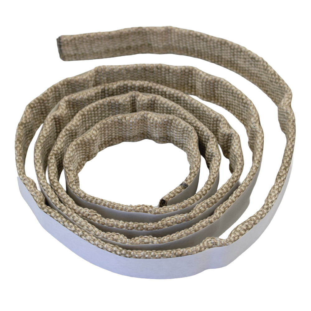 A coiled strip of high-temperature fibreglass folded tape with exposed adhesive backing, designed for thermal insulation and sealing applications, displayed on a pale grey background.