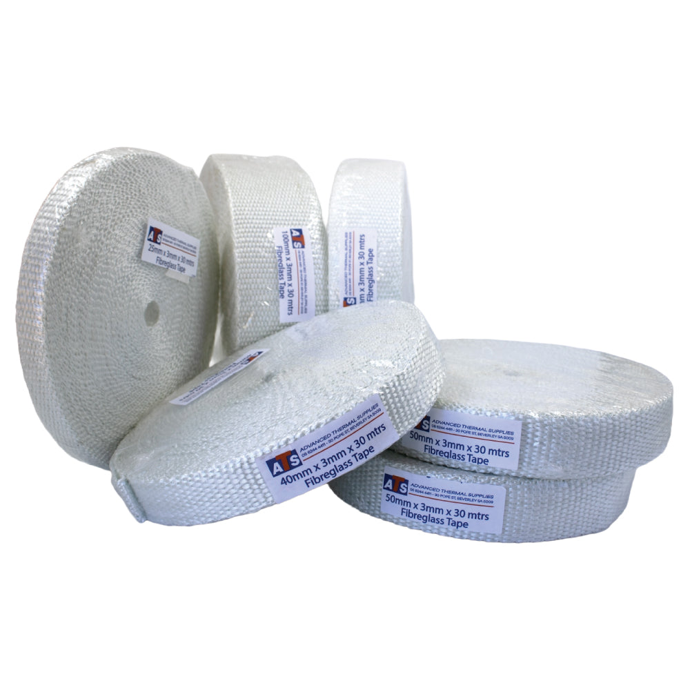 Multiple rolls of white fibreglass 550°C woven tape in various widths and thicknesses, arranged on a pale background, designed for high-temperature sealing and insulation applications.