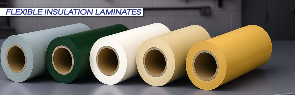 Flexible electrical insulation laminate rolls including DMD Dacron Mylar, Hyply, Nomex and NMN materials arranged on industrial workbench.