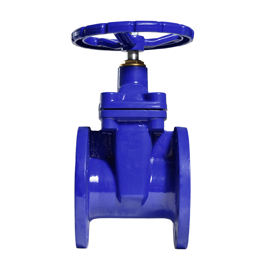 Industrial-grade blue gate valve with a rising stem and handwheel, designed for steam, water, and air flow control in plumbing and industrial systems.
