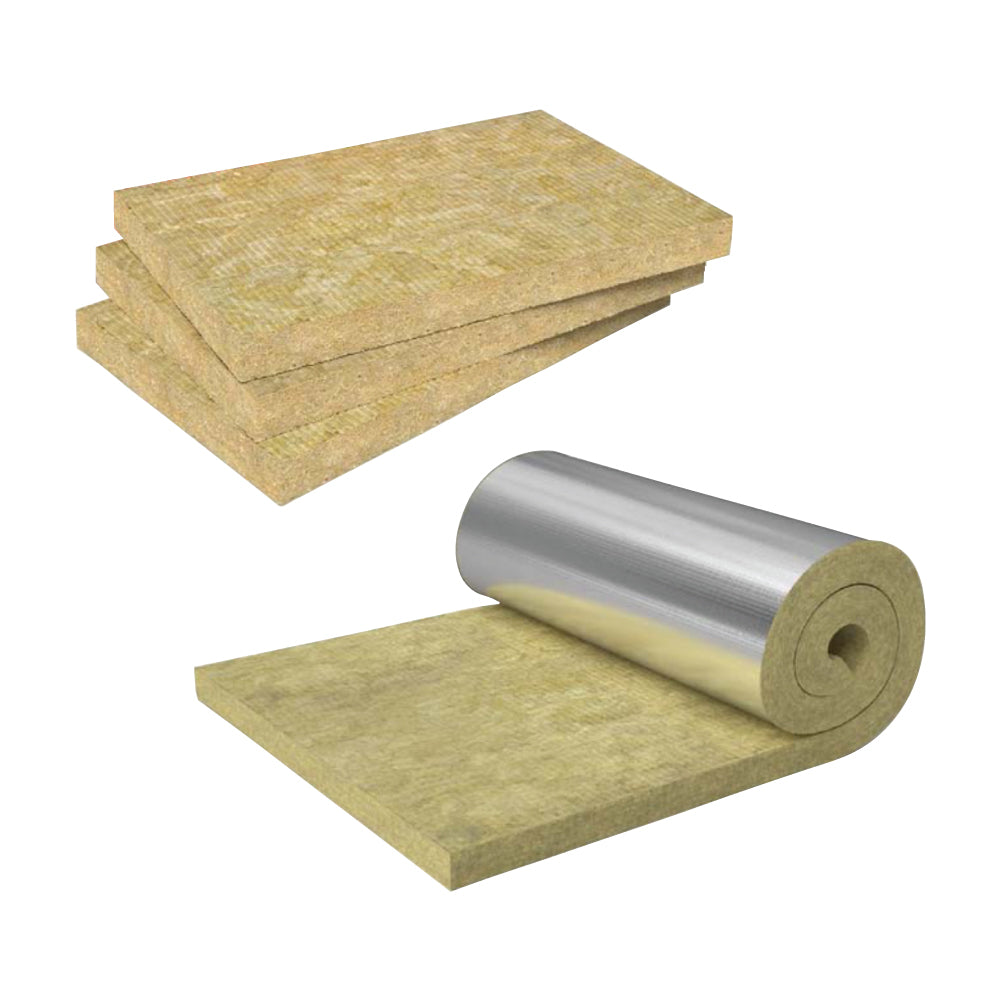 Glasswool and Rockwool insulation products shown as stacked rigid batts and a flexible foil-faced roll, designed for high-temperature applications like boilers, ovens, and pipe insulation.