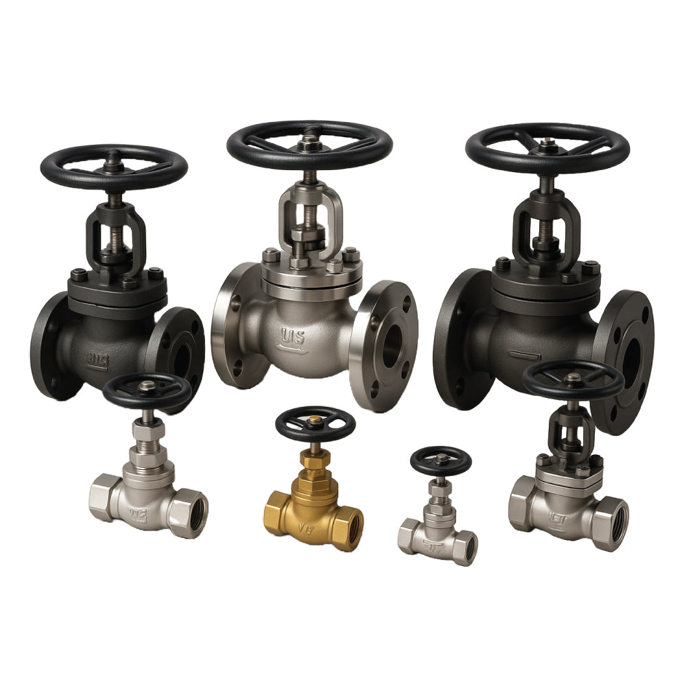 Industrial globe valves collection featuring stainless steel, brass, and cast iron manual handwheel operated valves with flanged and threaded connections for precise flow control