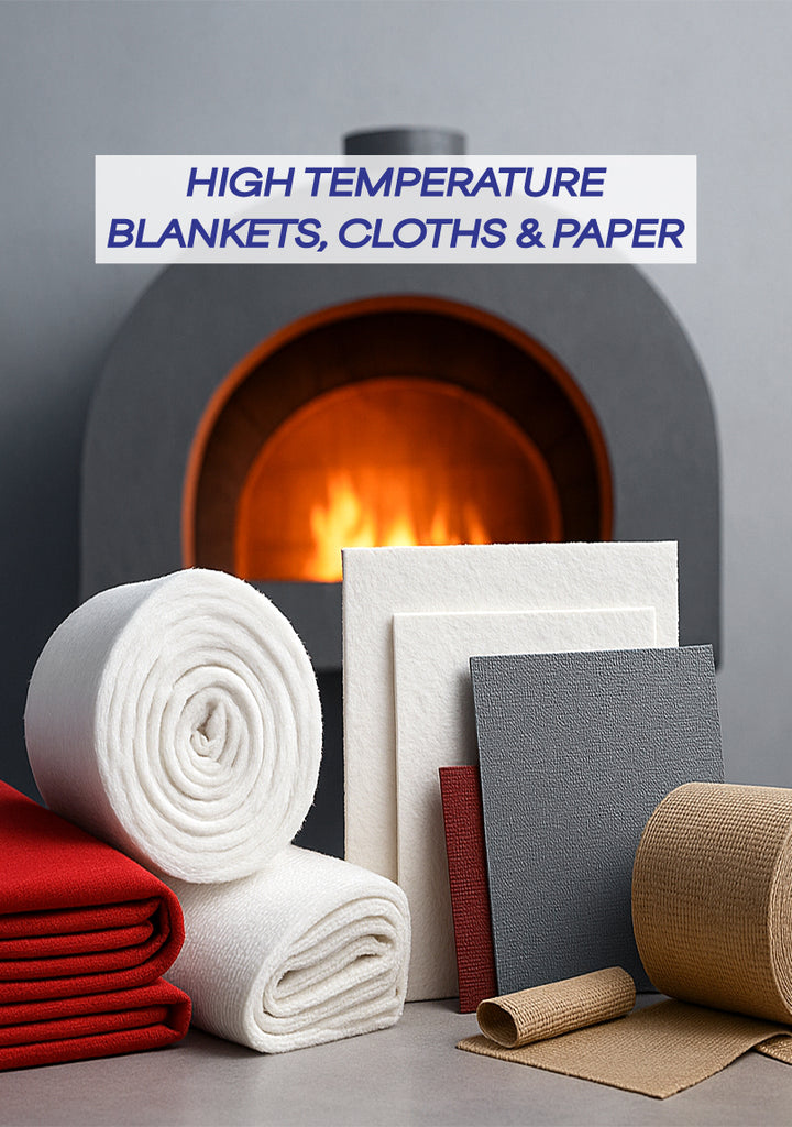 High temperature insulation materials including ceramic fibre blanket, fire blanket, insulation cloth, coated fabrics, and ceramic paper displayed in front of industrial furnace