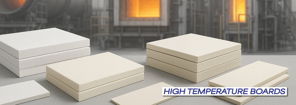 High temperature insulation boards including calcium silicate, ceramic fibre and millboard sheets stacked in front of industrial furnaces