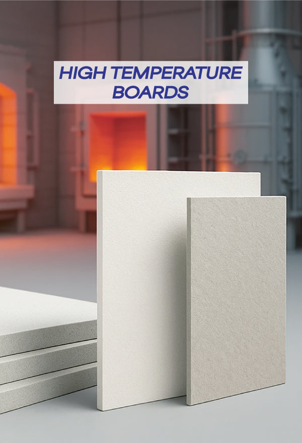 High temperature insulation boards including calcium silicate, ceramic fibre and millboard sheets stacked in front of industrial furnaces