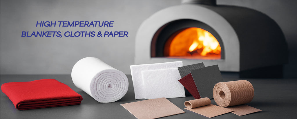 High temperature insulation materials including ceramic fibre blanket, fire blanket, insulation cloth, coated fabrics, and ceramic paper displayed in front of industrial furnace