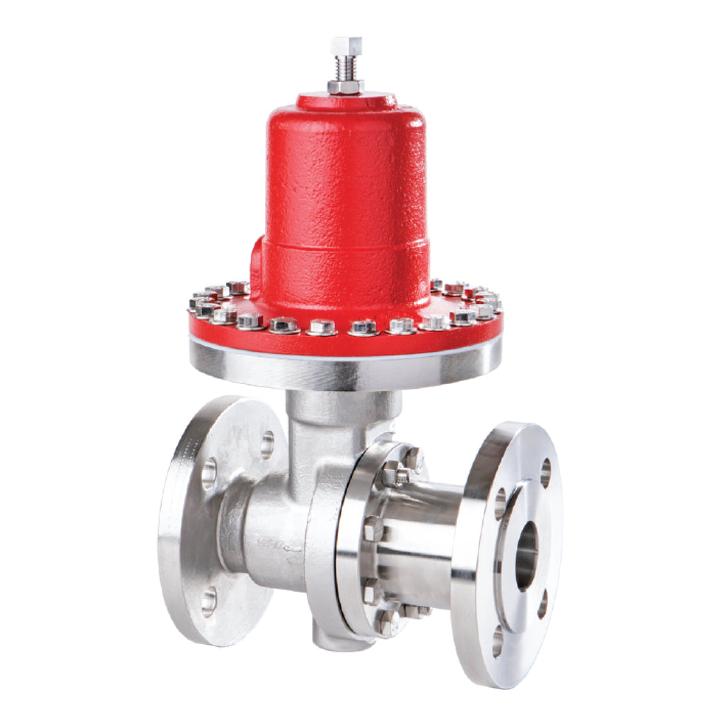 Jordan Mark 60 Series pressure regulator with red housing and stainless steel flanged body, designed for regulating steam, air, gas, water, and chemicals.