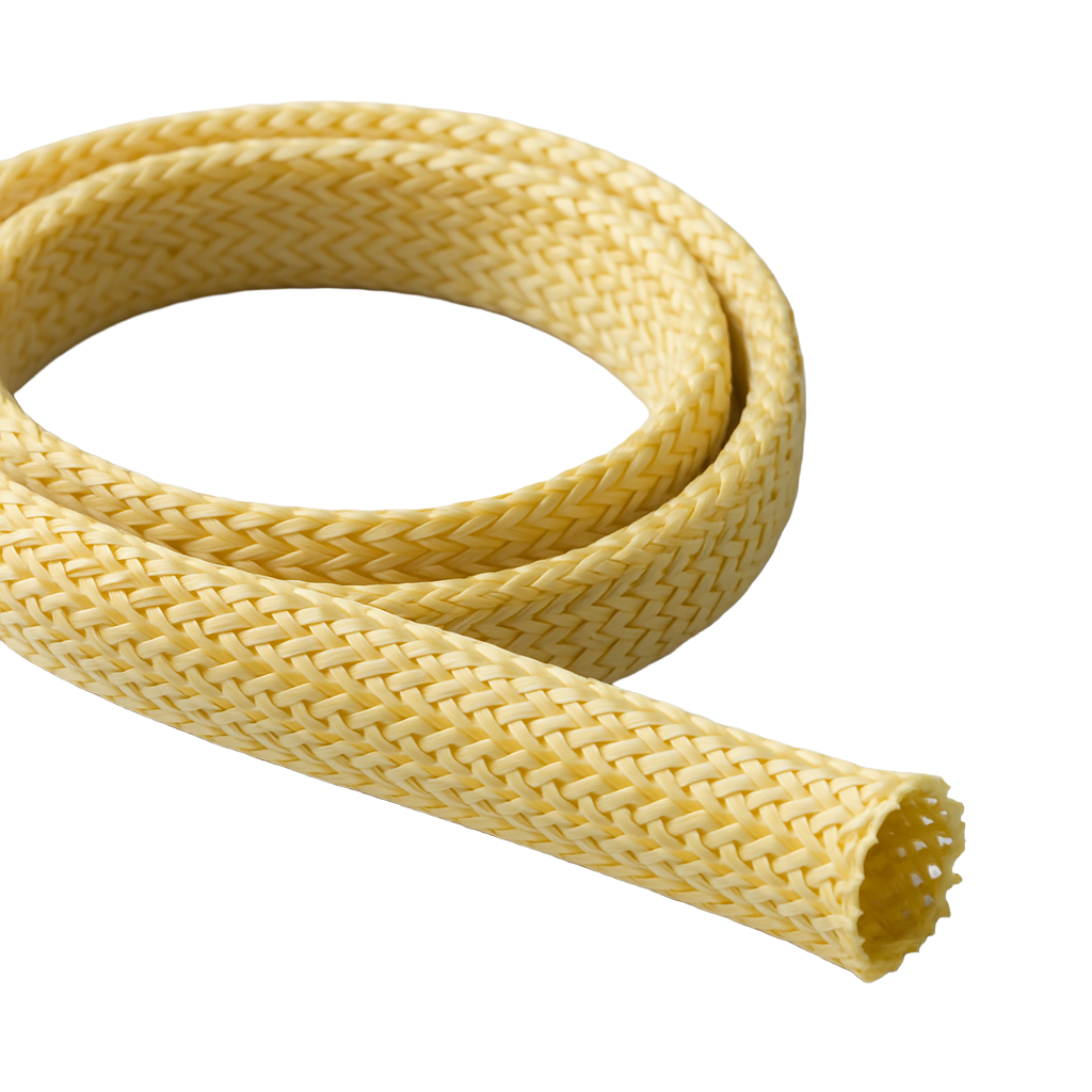 Braided yellow Kevlar sleeving coiled on a light grey surface, designed for high-strength thermal and abrasion protection in industrial cable and hose insulation applications